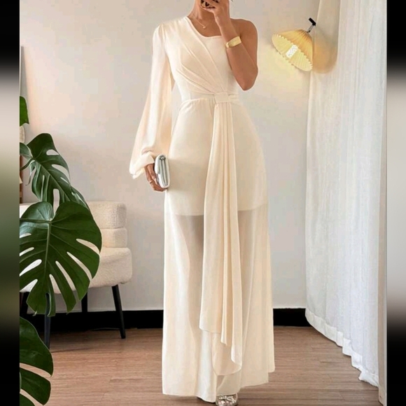 Women's Elegant Apricot Draped Shoulder Jumpsuit For Spring And Summer - Picture 4 of 4